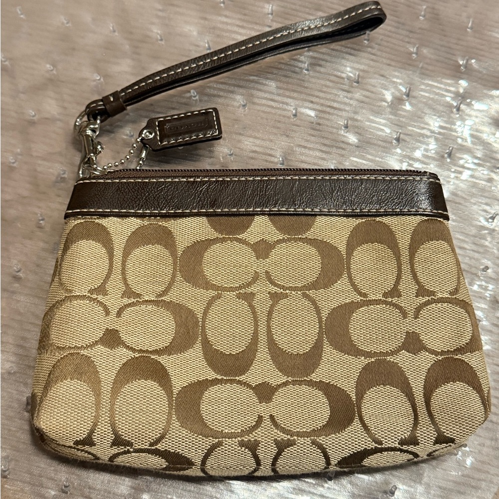 Coach Dark Brown and Beige Leather Wristlet